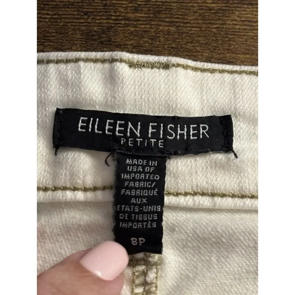 Eileen Fisher Womens Jeans 8 P‎ Off White Slim Straight Stretch Preppy Cotton